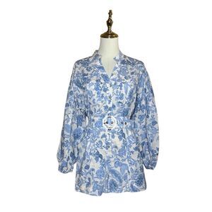 Reserved Blue Long Sleeve Floral Romper Size EUR 36 Belted Button Front Smocked